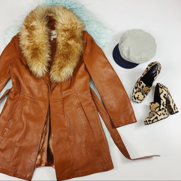 Vintage Jackets & Blazers - FINAL Vtg 70s Leather Fur Collar Trench Coat SM